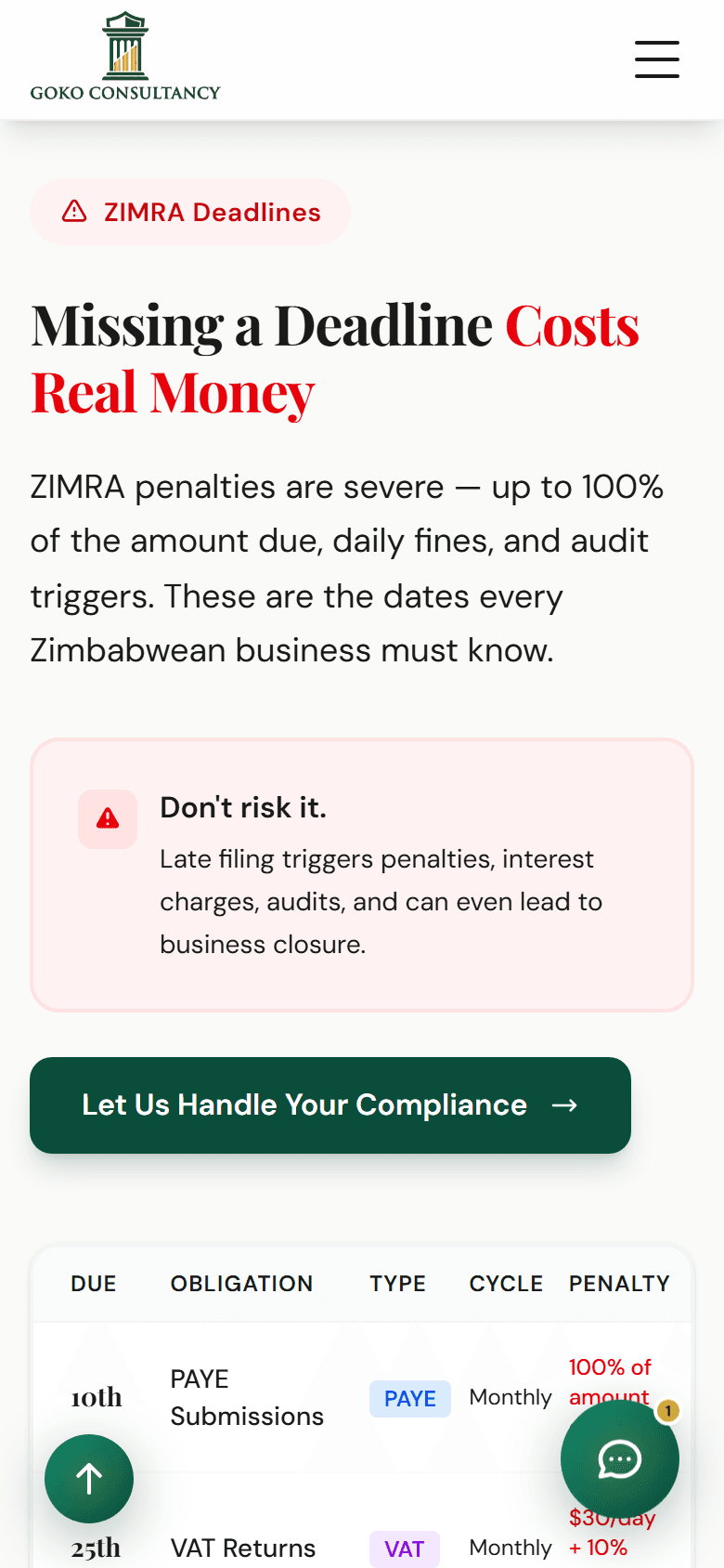 Goko Consultancy — Never miss a ZIMRA deadline